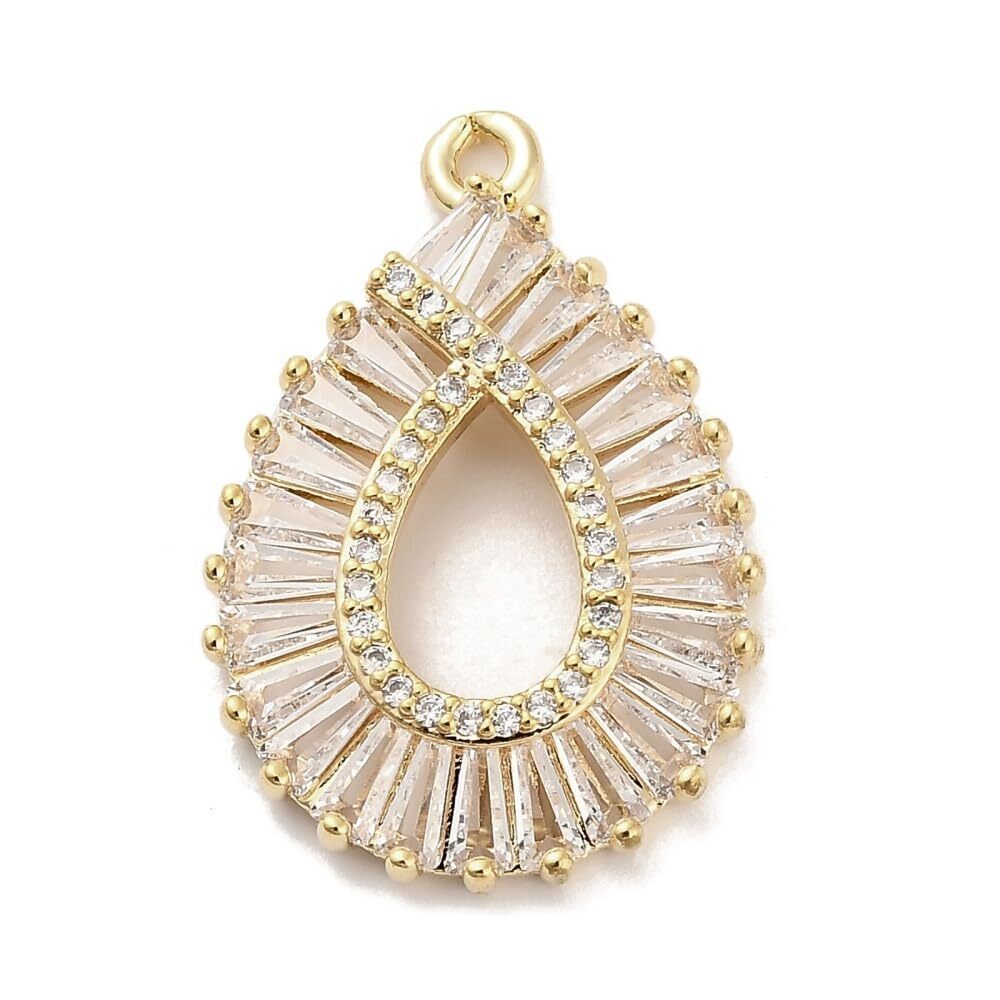 4057 2Pcs Brass Teardrop Shape Pendants with Hollow Back Clear Rhinestone
